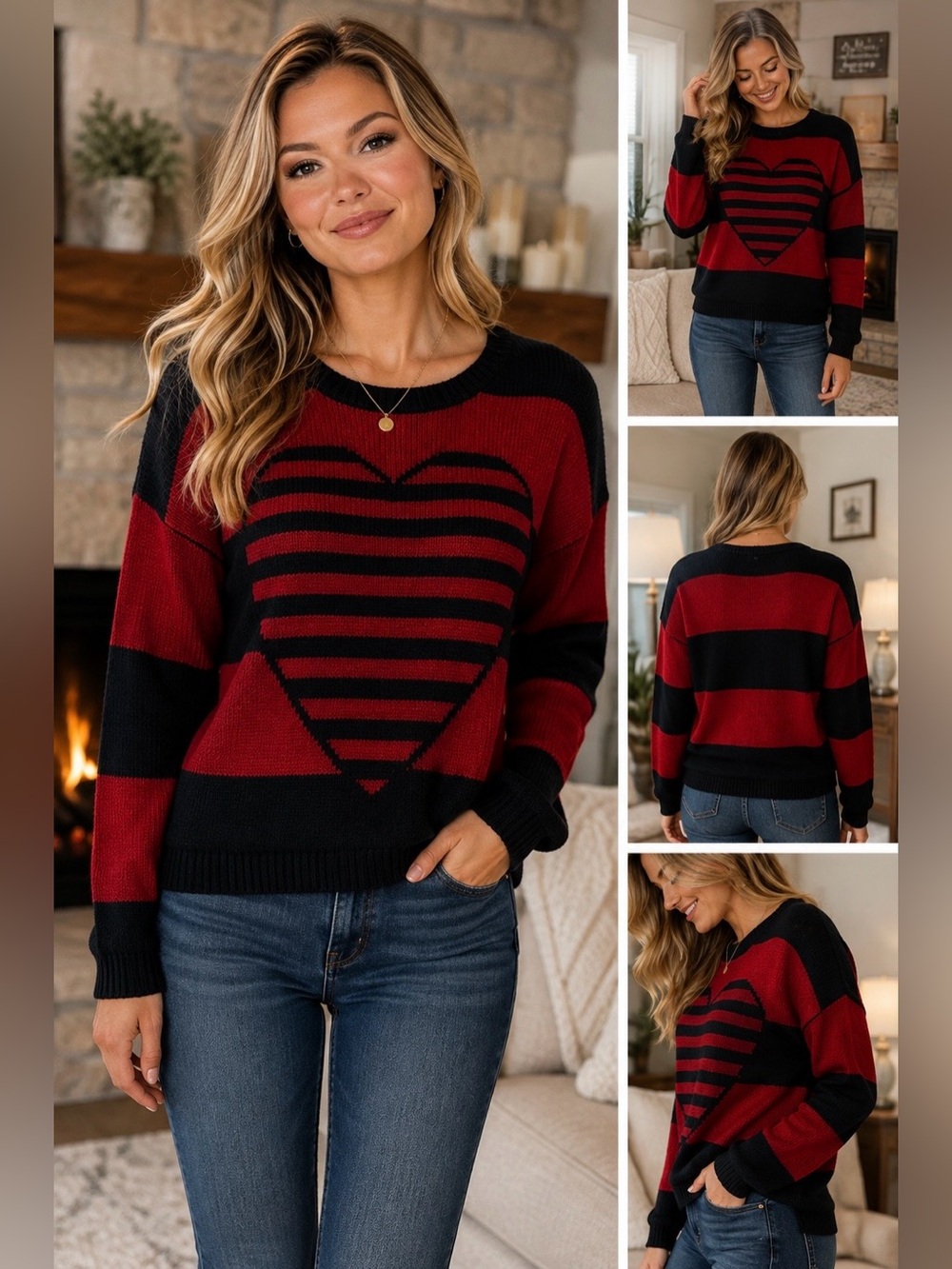 Timing Dark Red & Navy Blue Striped Heart Crewneck Sweater, Soft Comfy Cozy
